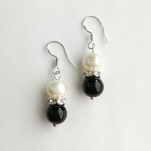 White Freshwater Pearl black onyx dangle drop earrings sterling silver 🆕